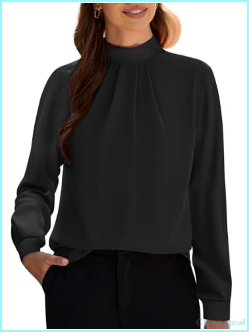 Womens Long Sleeve Mock Neck Pleated Tunic Chiffon Blouse